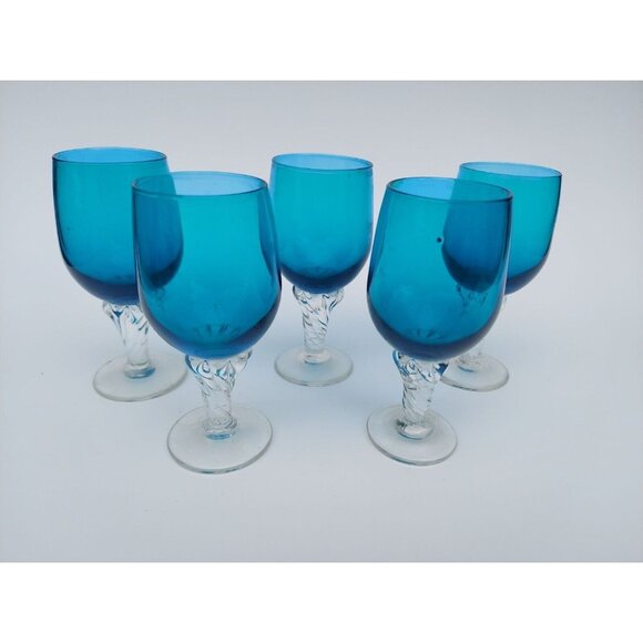 5 Peacock Blue Glass Cordials w/ Clear Twist Stem Turquoise - Picture 1 of 4